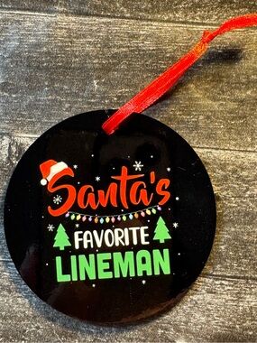 Santa's Favorite Lineman Red And Green Round Wooden Christmas Ornament New Gift